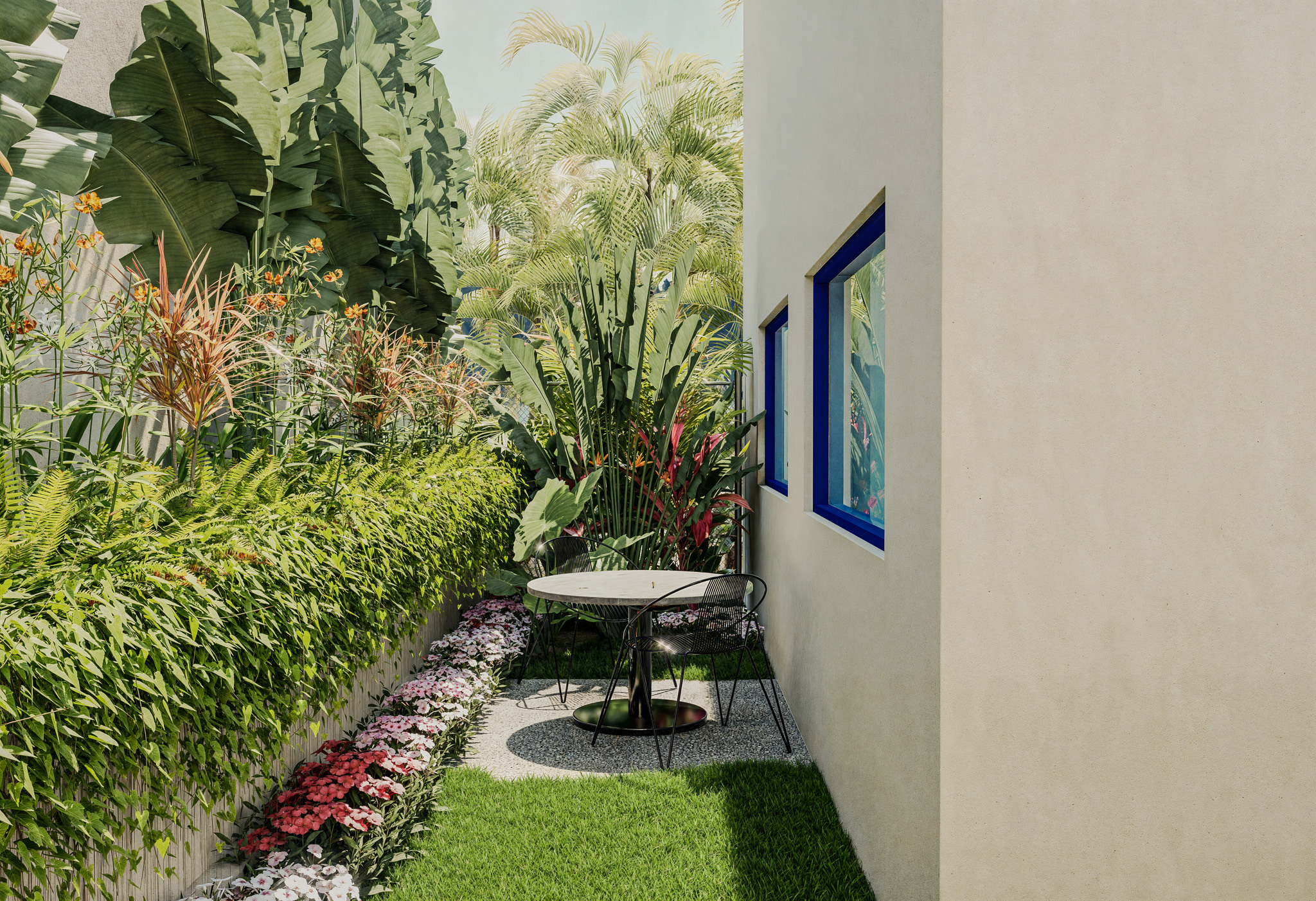 landscape render of Villa Moira, a garden courtyard and pergola